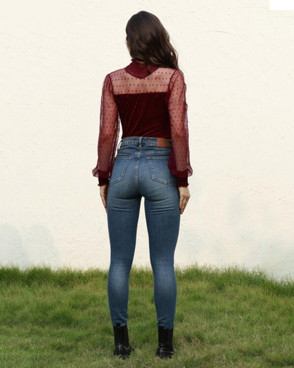 Mesh Long Sleeve Velvet Bodysuit   