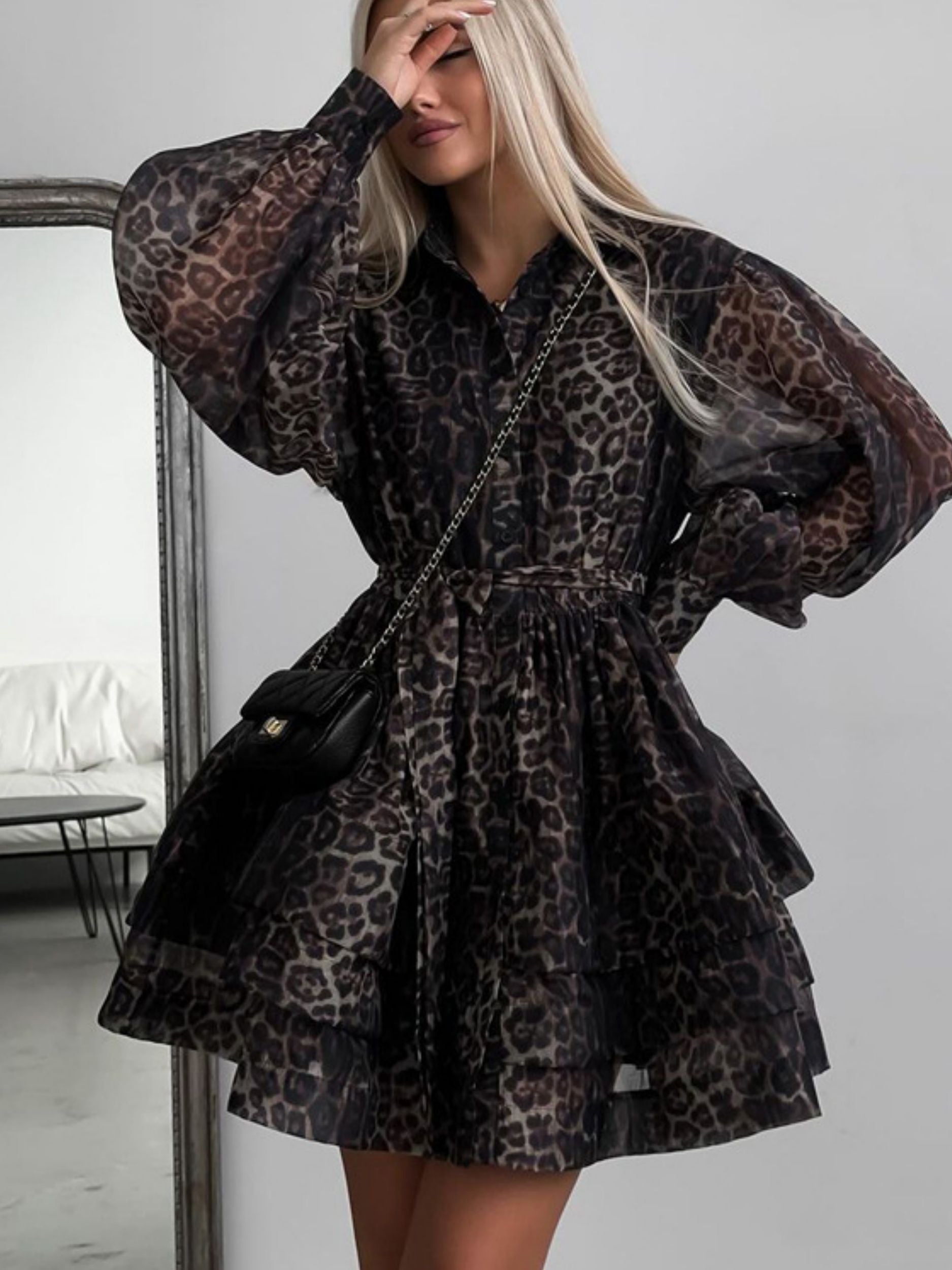 Vintage Lapel Long Sleeve High Waist Pleated Elegant Dress