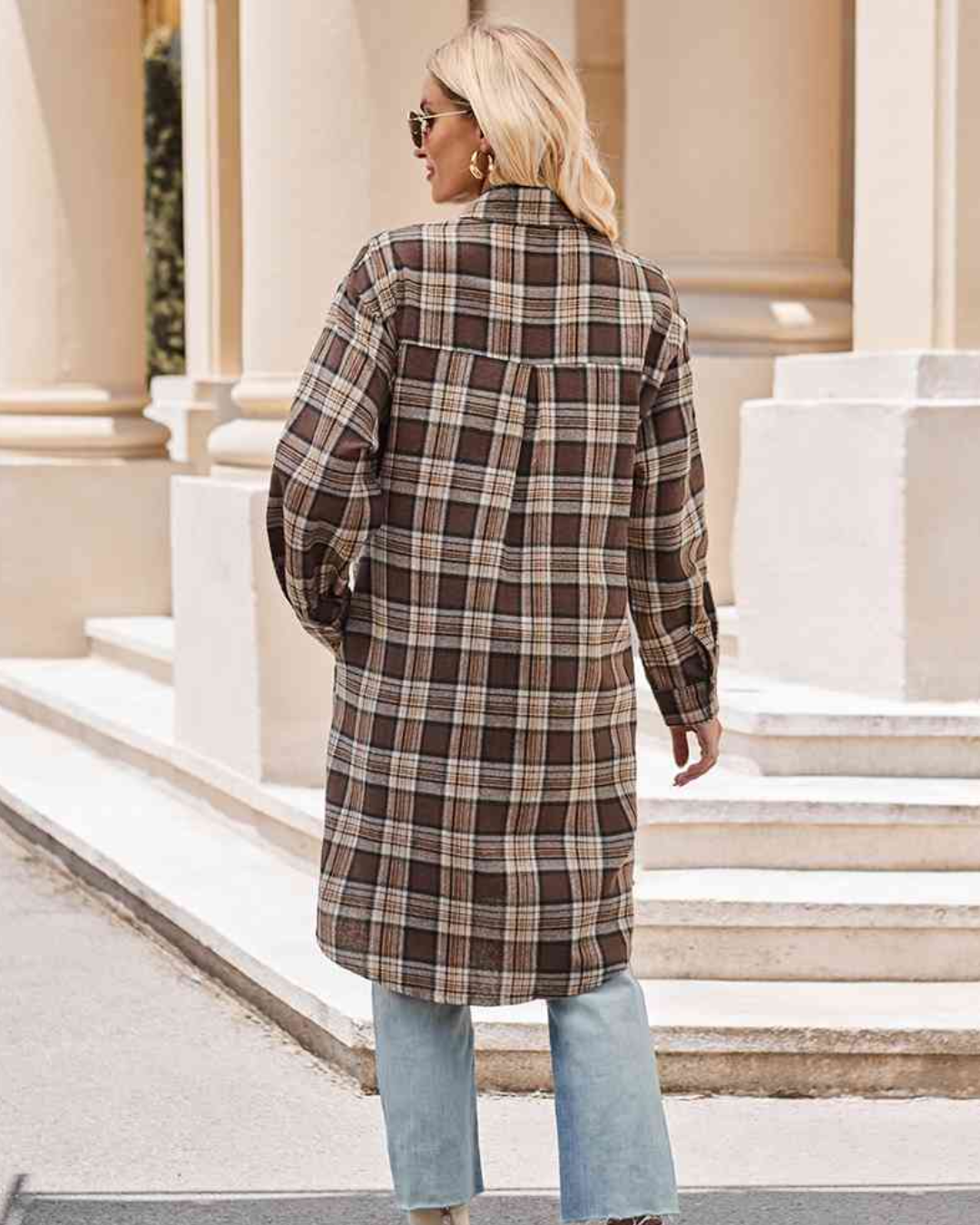 Plaid Collared Neck Long Sleeve Coat   