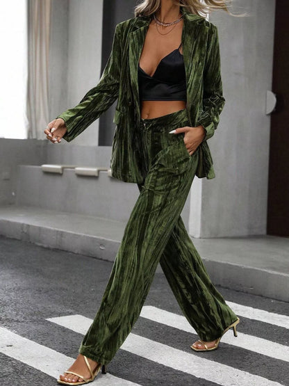 Lapel Collar Long Sleeve Blazer and Pants Set