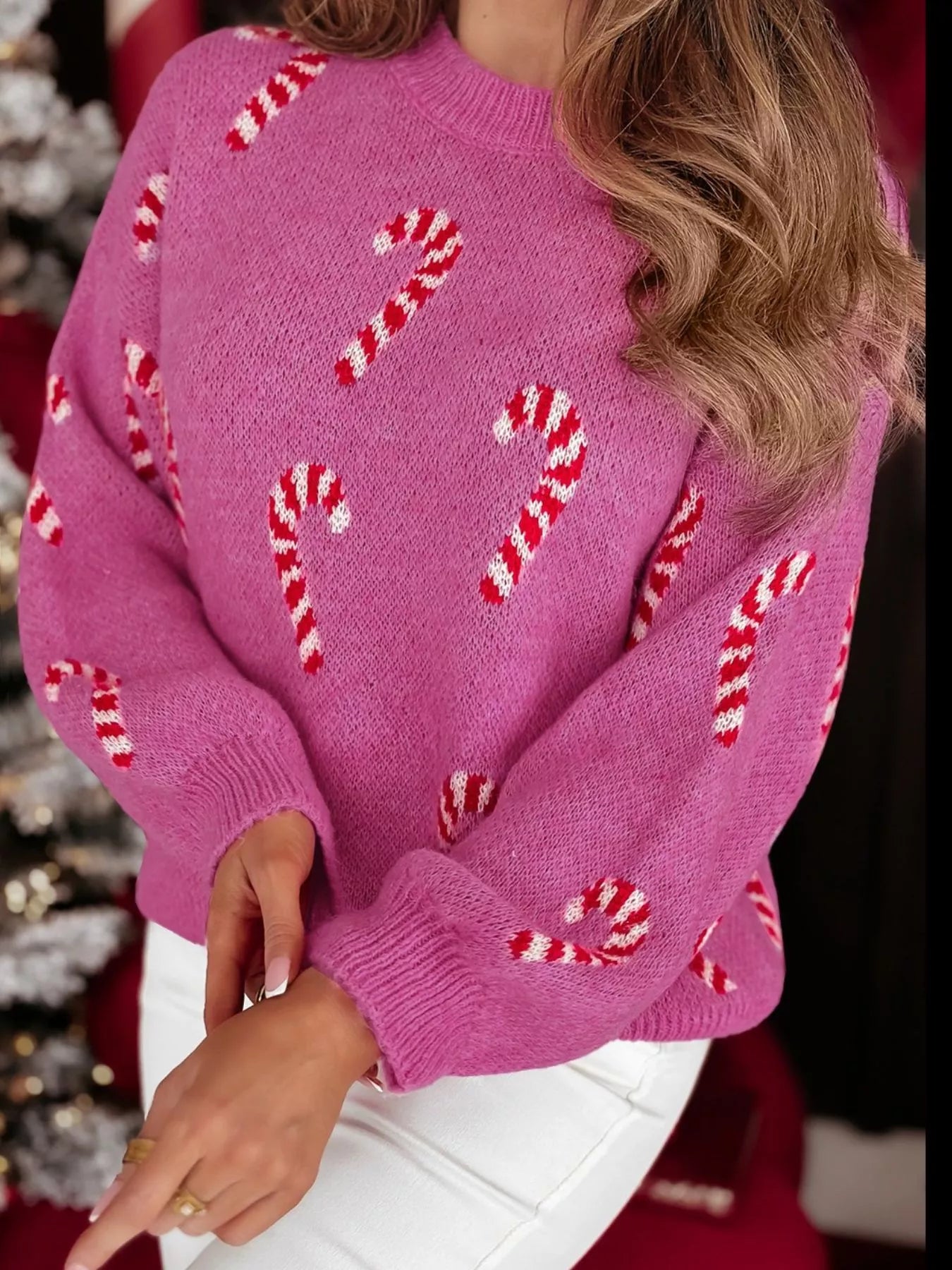 Christmas Candy Cane Holiday Drop Shoulder Sweater Hot Pink S