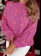Christmas Candy Cane Holiday Drop Shoulder Sweater Hot Pink S