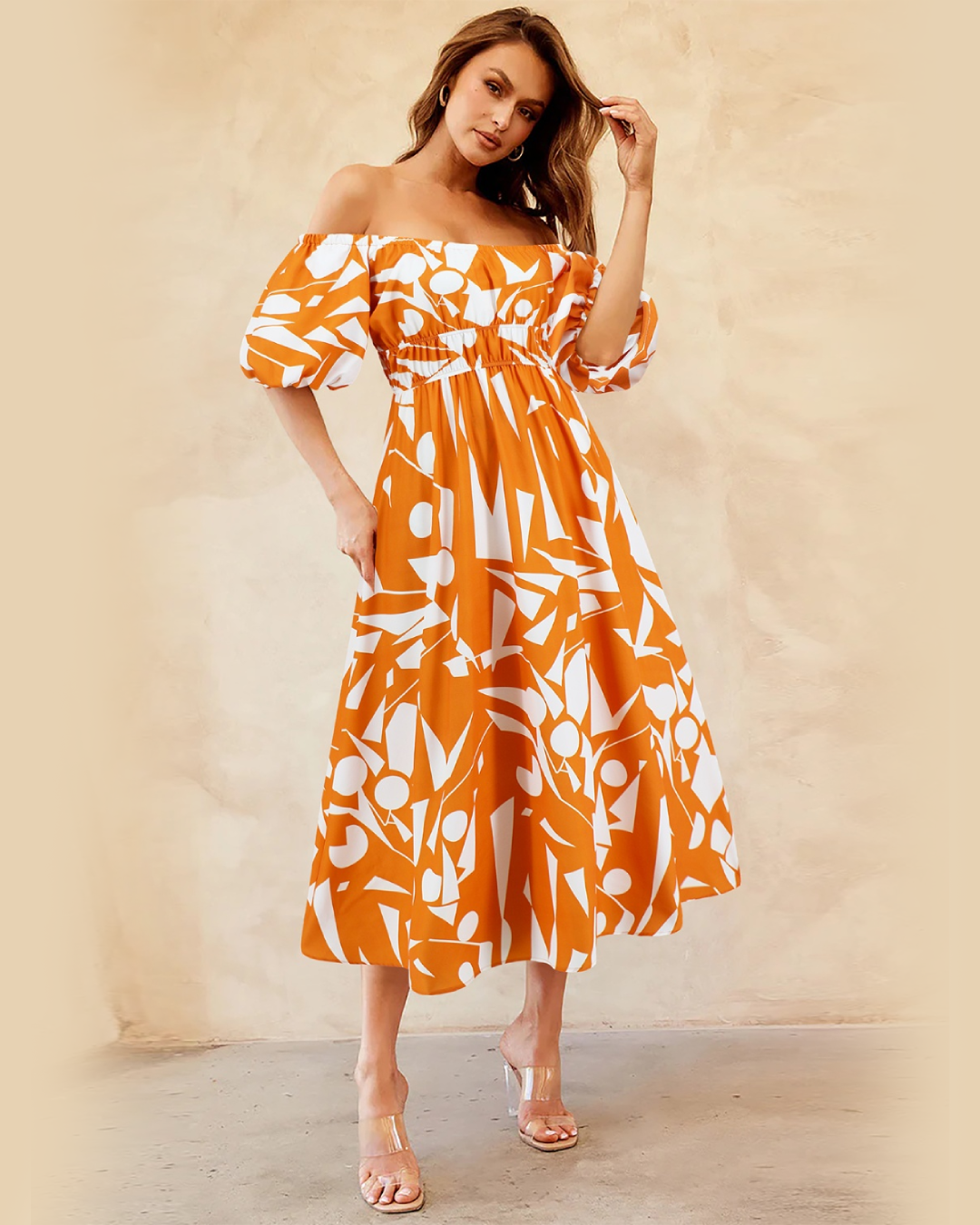 Printed Off-Shoulder Balloon Sleeve Dress   