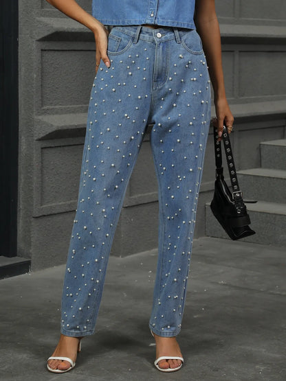 Pearl Detail Jeans with Pockets
