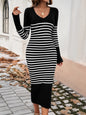 Devine Striped V-Neck Long Sleeve Sweater Dress Black S