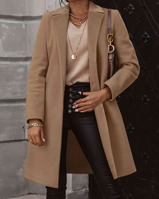 Collared Neck Button Up Long Sleeve Coat Camel S 