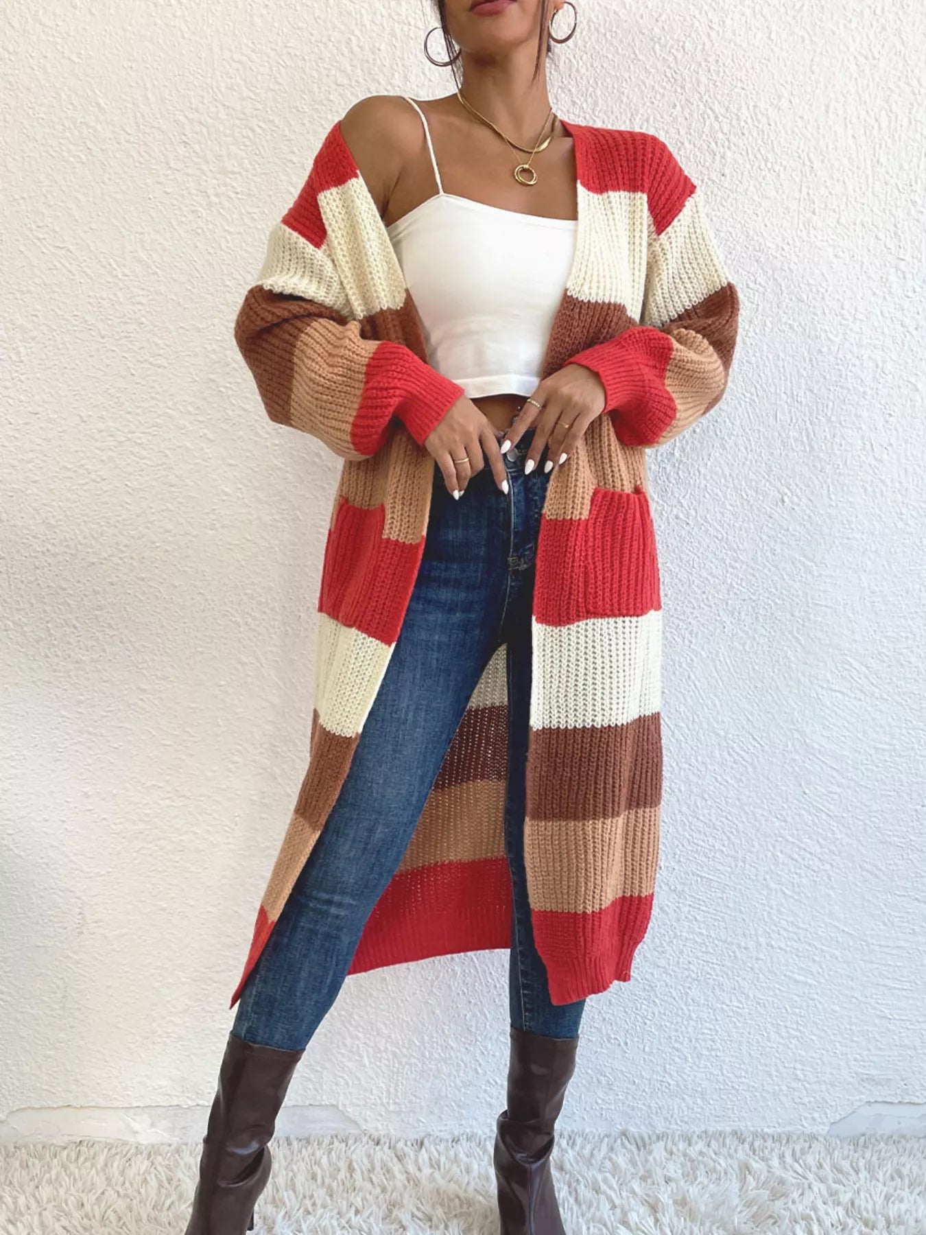 Striped Color Block Open Front Knit Cardigan Multicolor S
