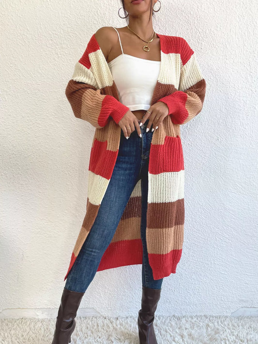 Striped Color Block Open Front Knit Cardigan Multicolor S