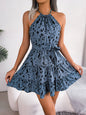 Halter Neck Printed Tie Waist Sleeveless Mini Dress Dusty Blue S