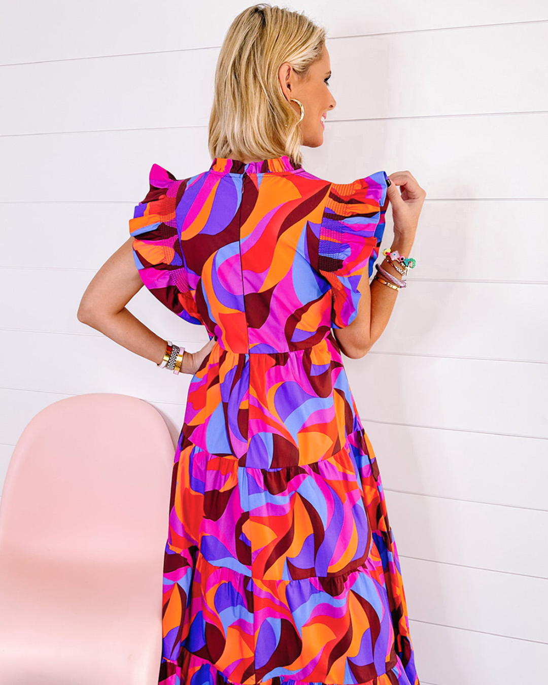 Orange Abstract Printed Ruffle Dress   