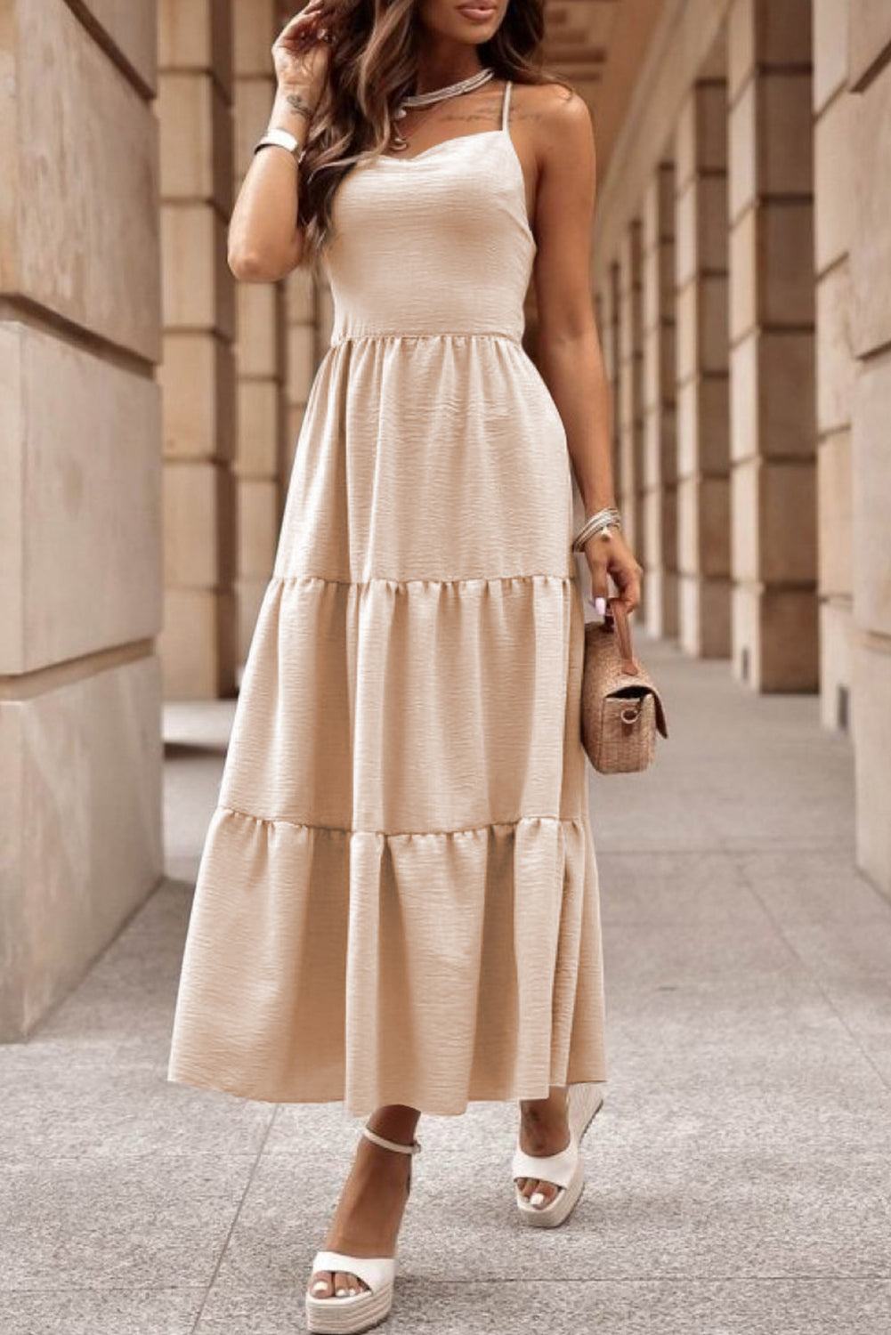 Oatmeal Crossover Backless Bodice Tiered Maxi Dress Oatmeal S