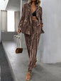 Lapel Collar Long Sleeve Blazer and Pants Set Brown S