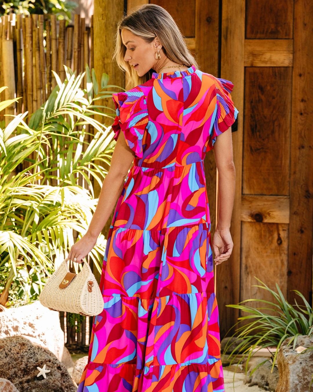 Orange Abstract Printed Ruffle Dress   