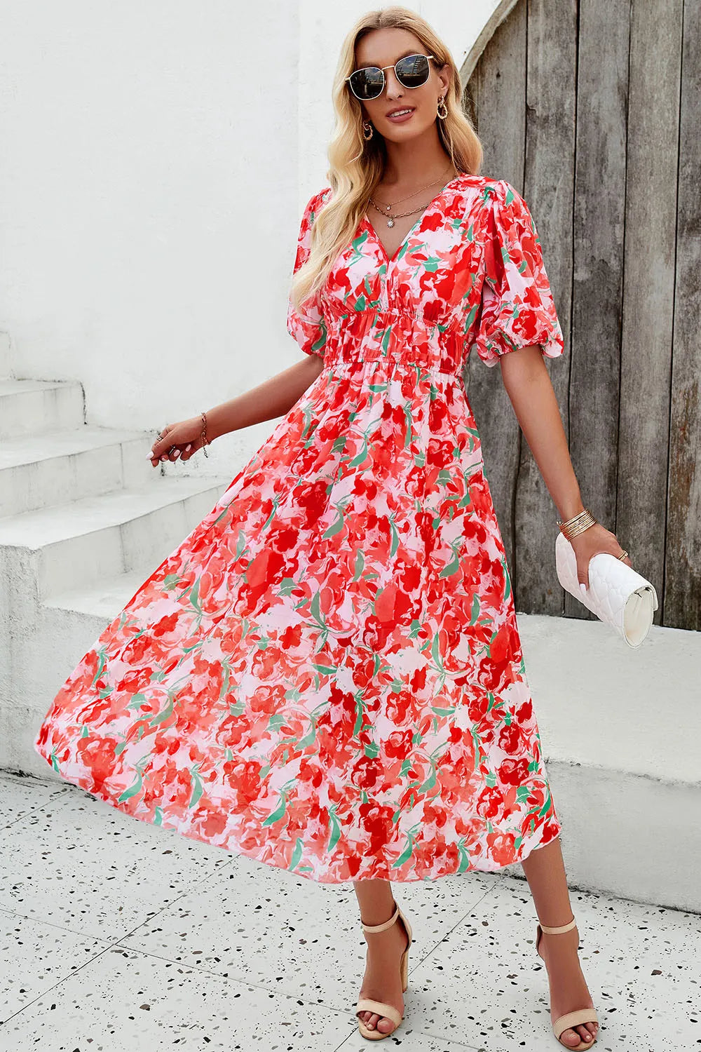 Devine Smocked Printed V-Neck Short Sleeve Dress Red S