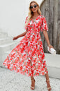 Devine Smocked Printed V-Neck Short Sleeve Dress Red S