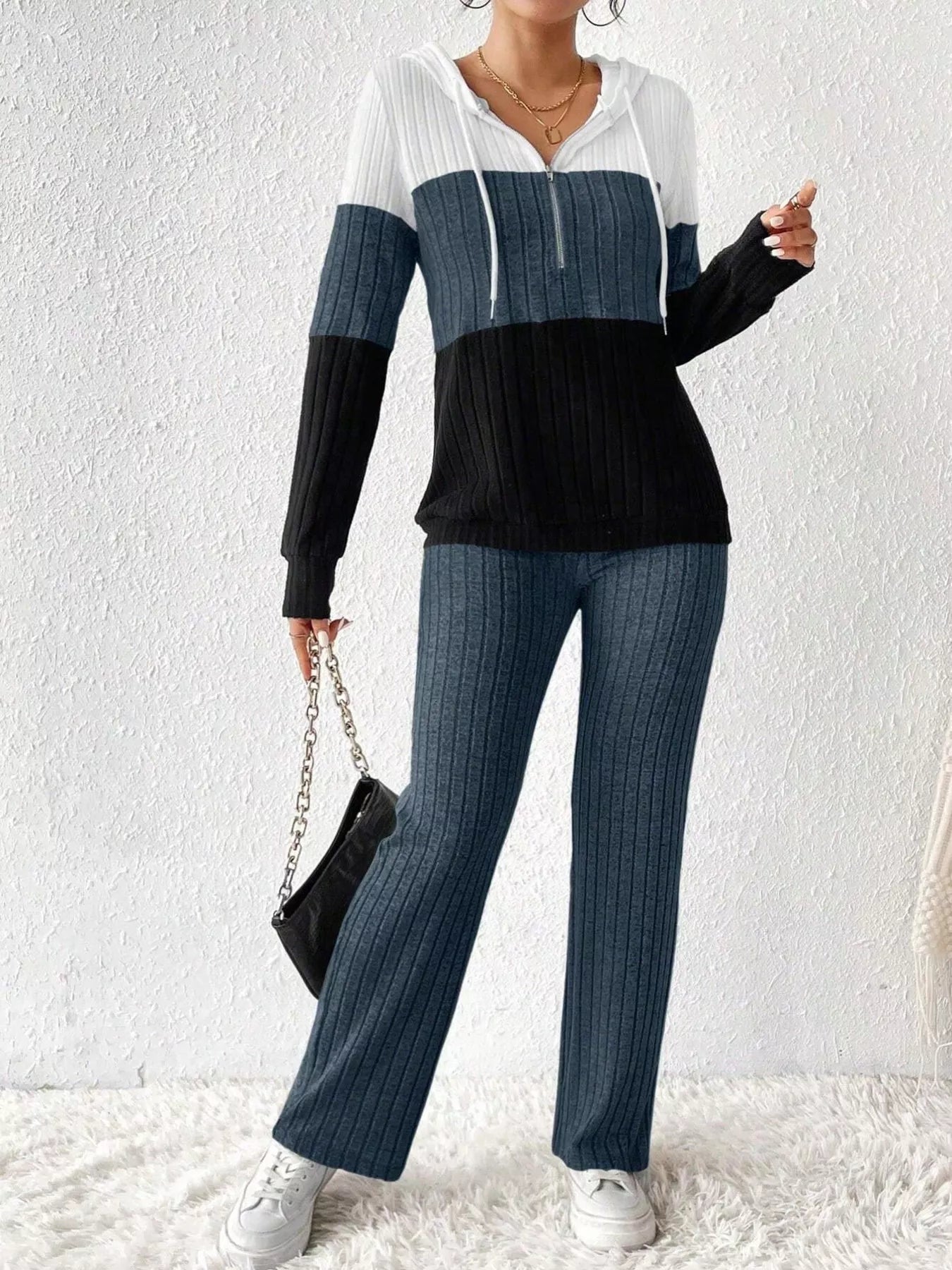 Color Block Half Zip Hooded Top and Pants Set Dark Blue S
