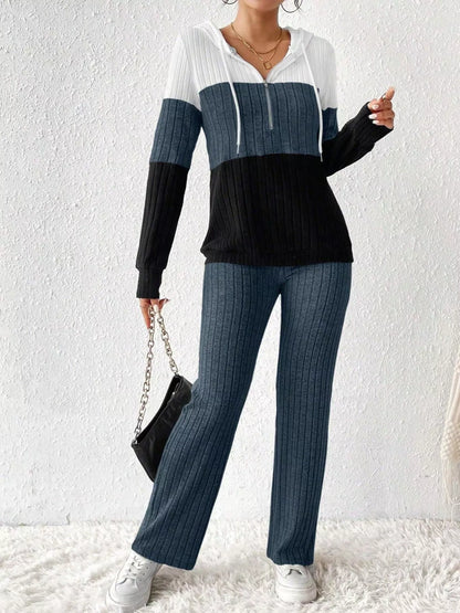 Color Block Half Zip Hooded Top and Pants Set Dark Blue S