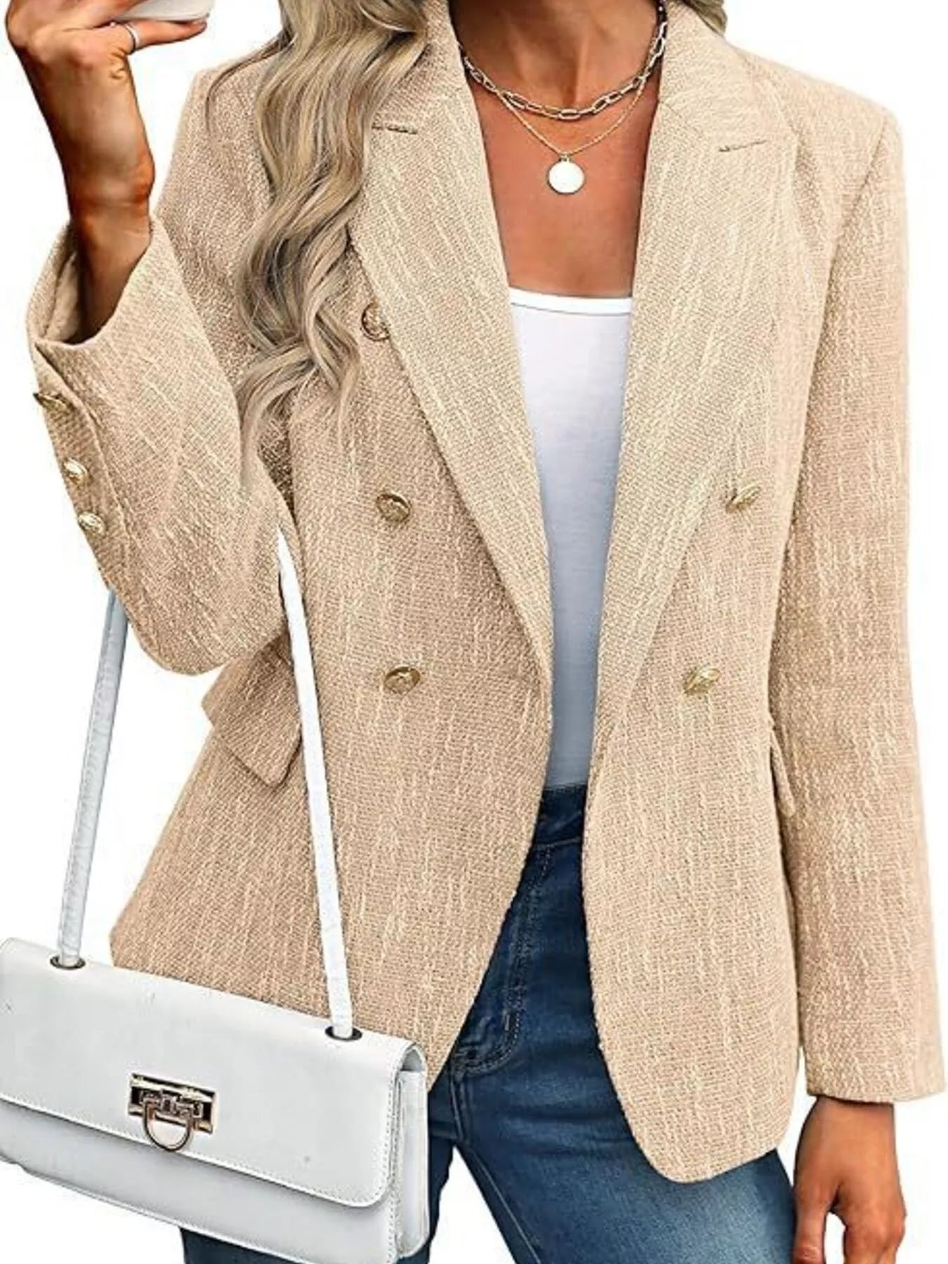Double-Breasted Lapel Collar Blazer Khaki S
