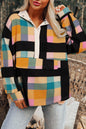 Black Plaid Print Pocketed Sweatshirt Black S 100%Polyester