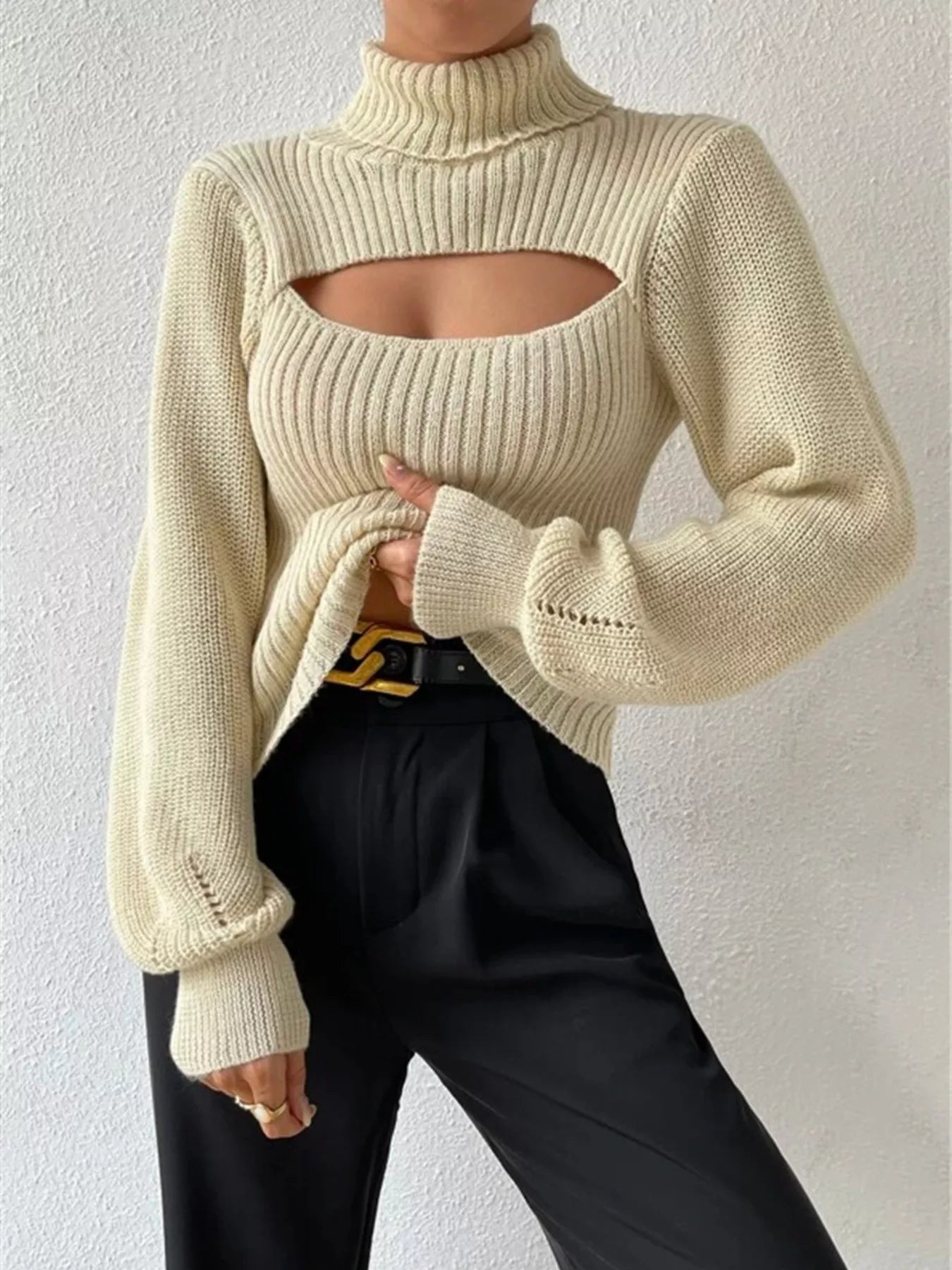 Cutout Front Turtleneck Long Sleeve Sweater