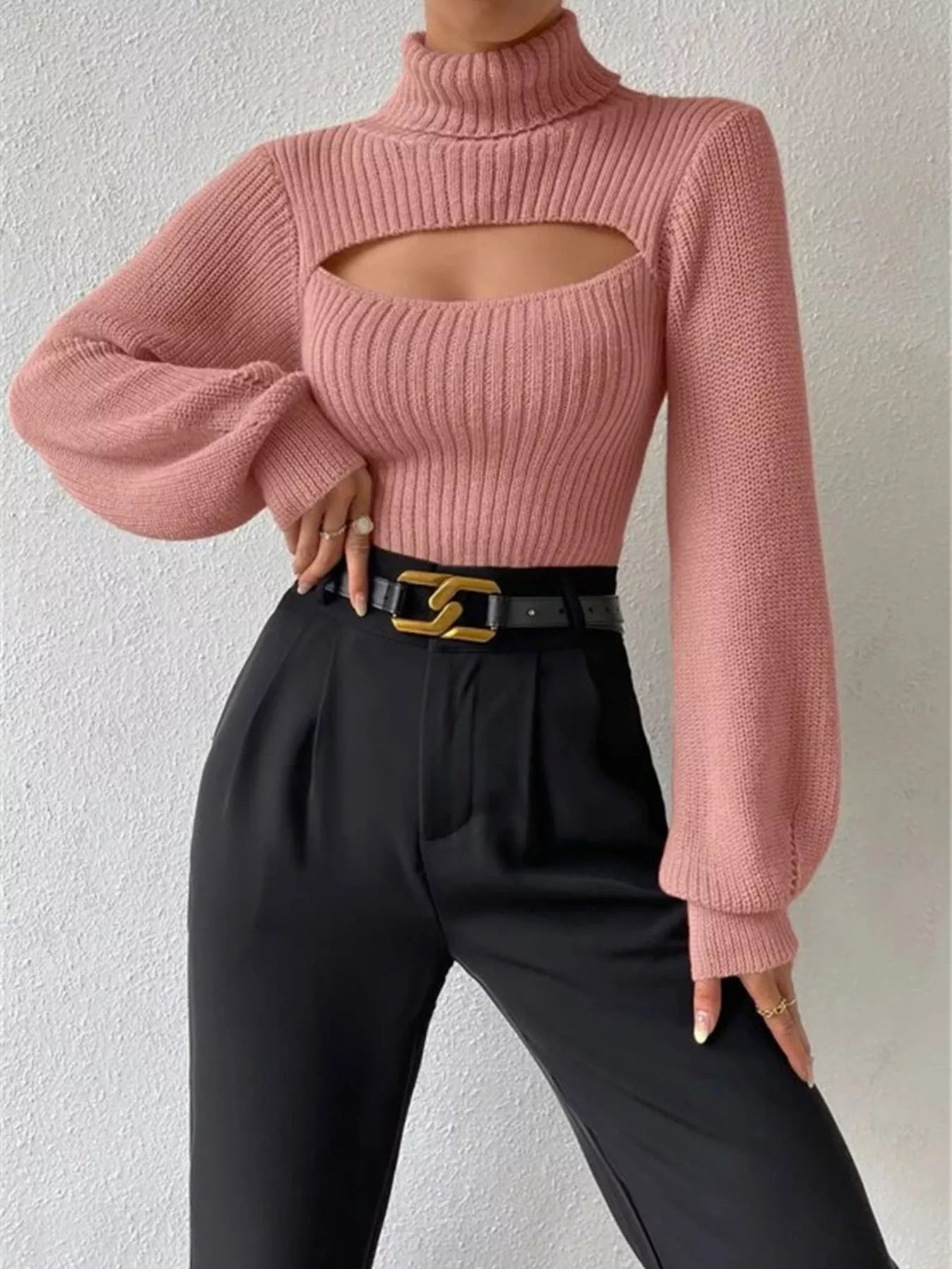 Cutout Front Turtleneck Long Sleeve Sweater Dusty Pink S