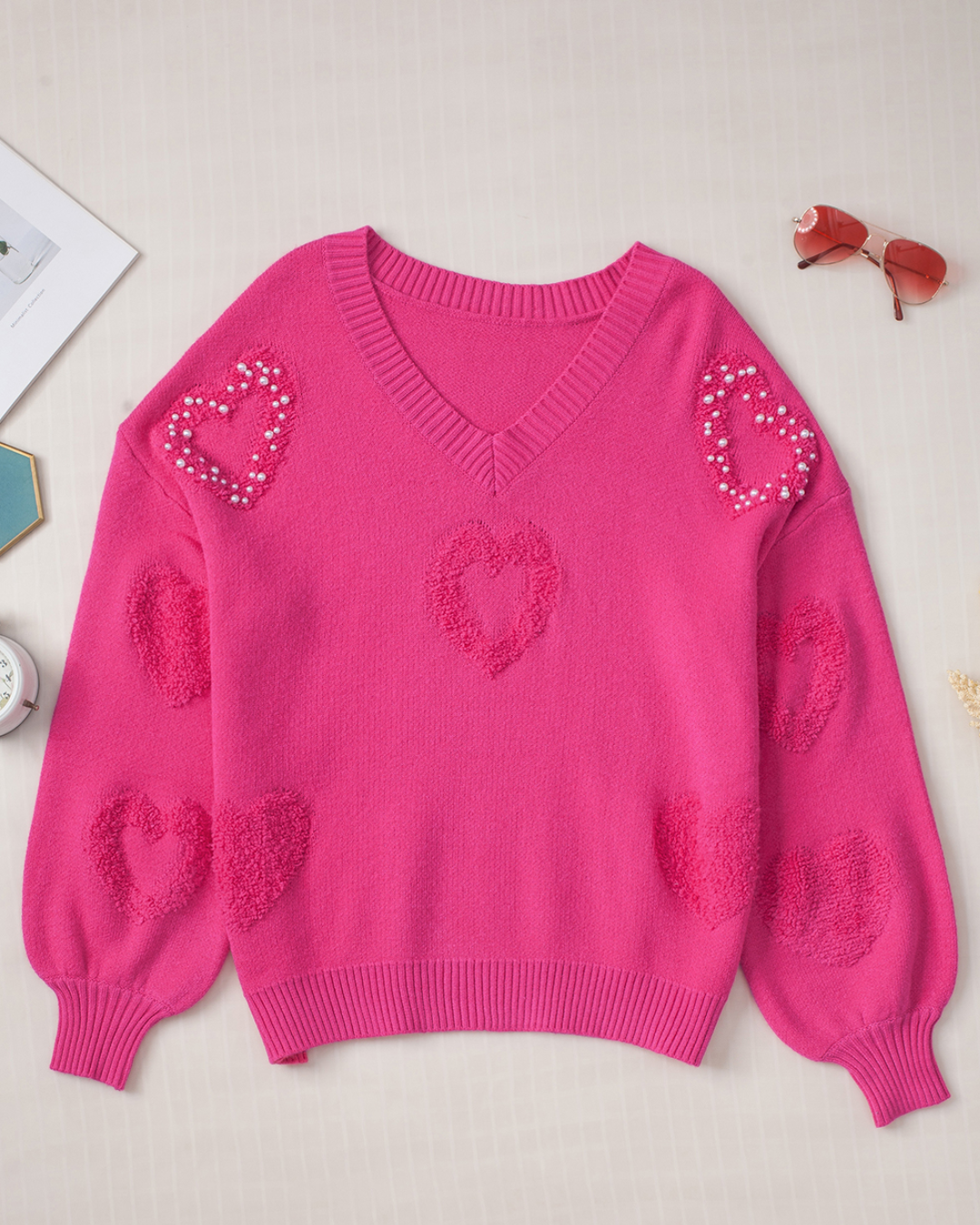 Pearl Embellished Hearts Sweater   