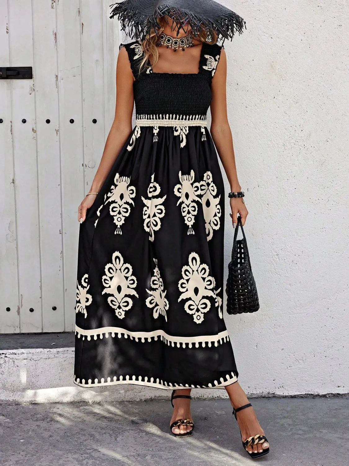 Smocked Printed Wide Strap Maxi Dress Black S