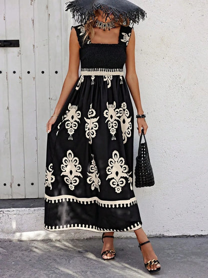 Smocked Printed Wide Strap Maxi Dress Black S