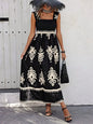 Smocked Printed Wide Strap Maxi Dress Black S