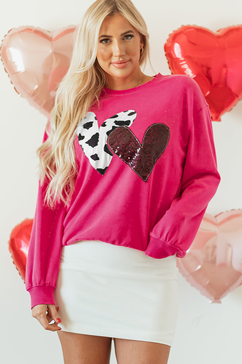 Sequin Double Heart Graphic Sweatshirt