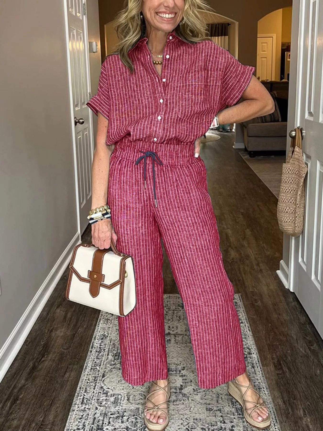 Striped Button-Up Shirt With Wide Leg Pants