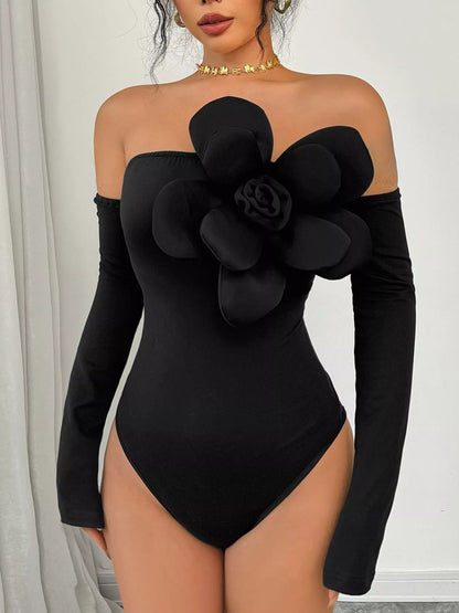 Flower Off-Shoulder Long Sleeve Bodysuit Black S