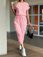 Round Neck Short Sleeve Top and Pants Set Pink S