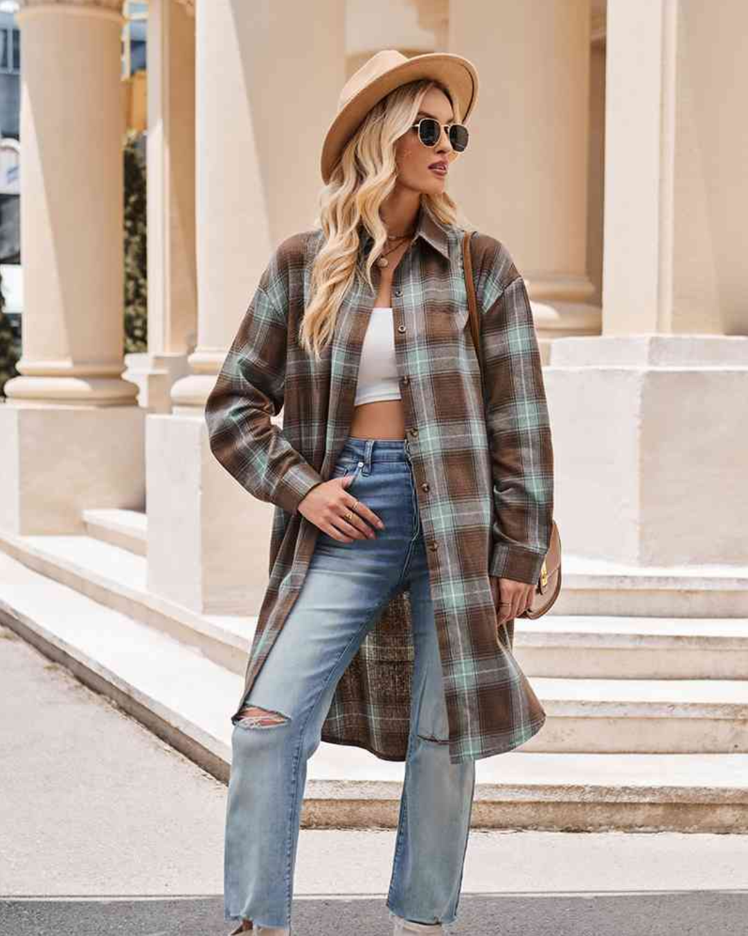 Plaid Collared Neck Long Sleeve Coat   