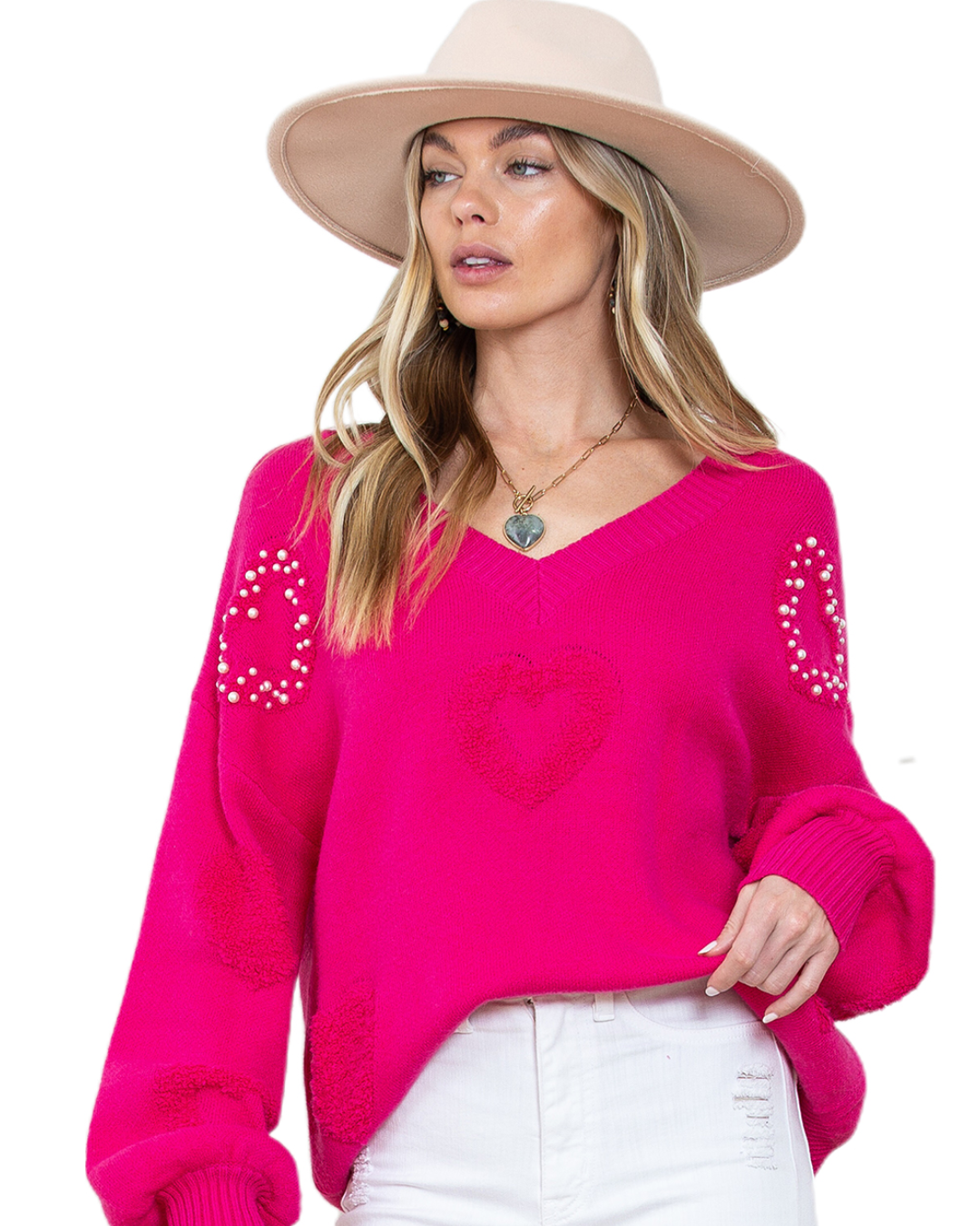 Pearl Embellished Hearts Sweater   