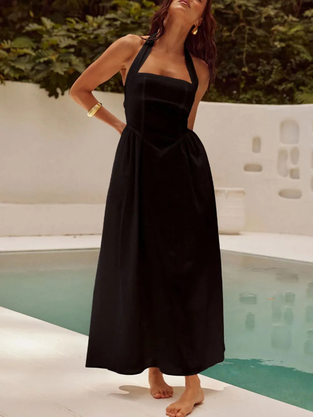 Devine Ruched Halter Neck Midi Dress Black S