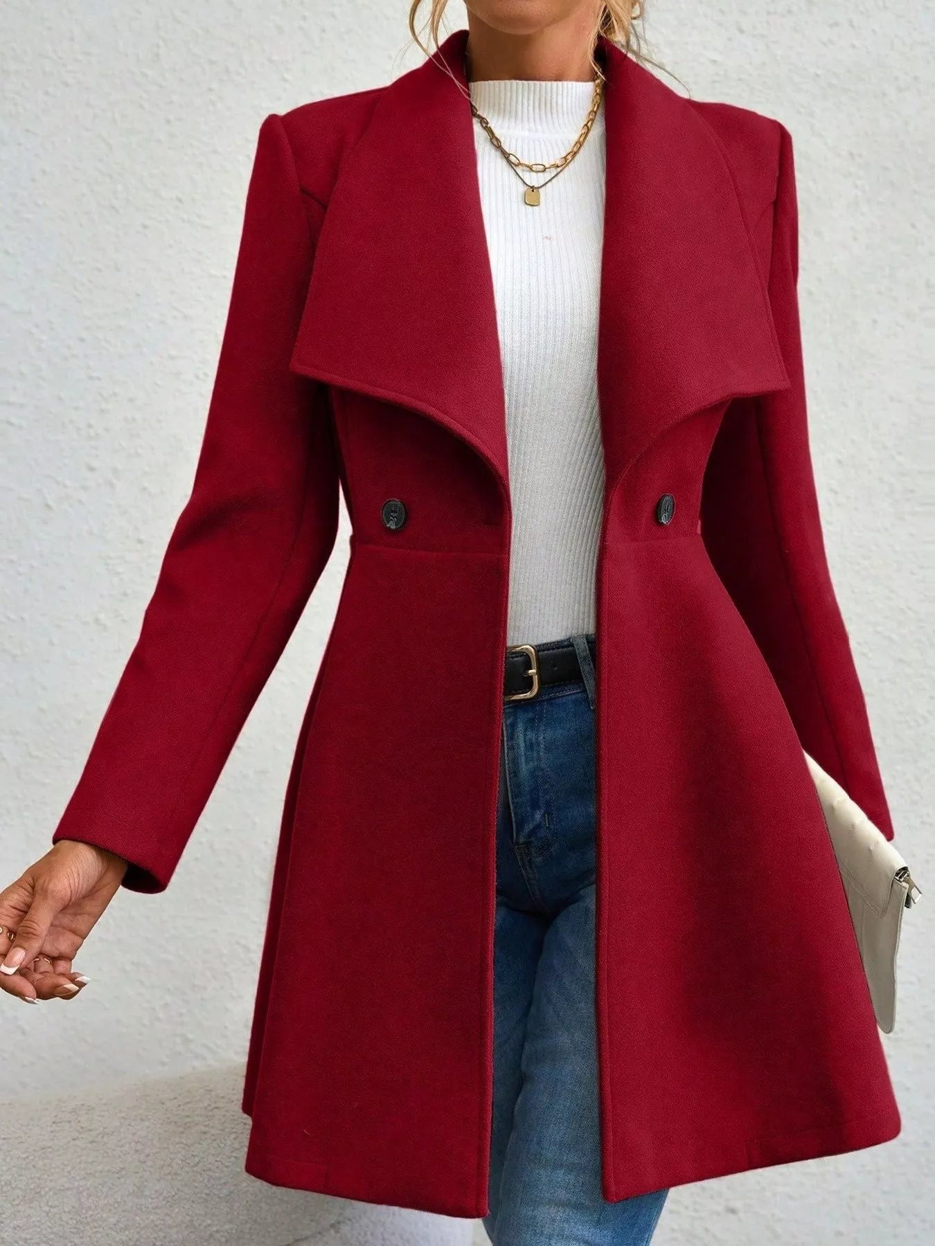 Collared Neck Double Breasted Coat Red S