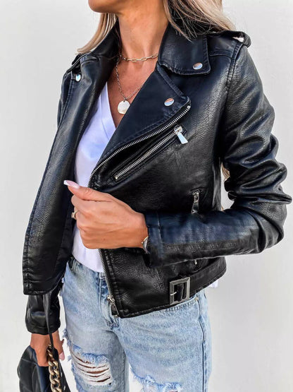 Full Size Zip Up Leather Jacket Black S
