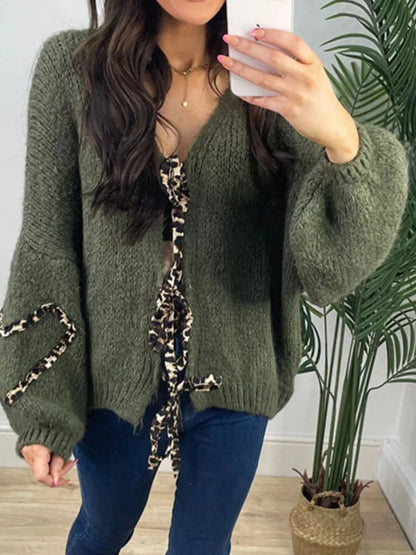 Tie Front Long Sleeve Sweater Military Green S