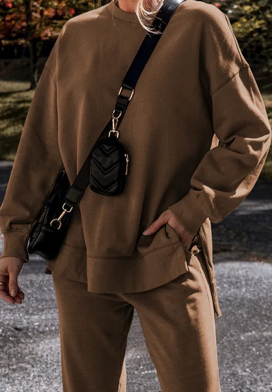 Side Slit Round Neck Long Sleeve Top and Pants Set Coffee Brown S