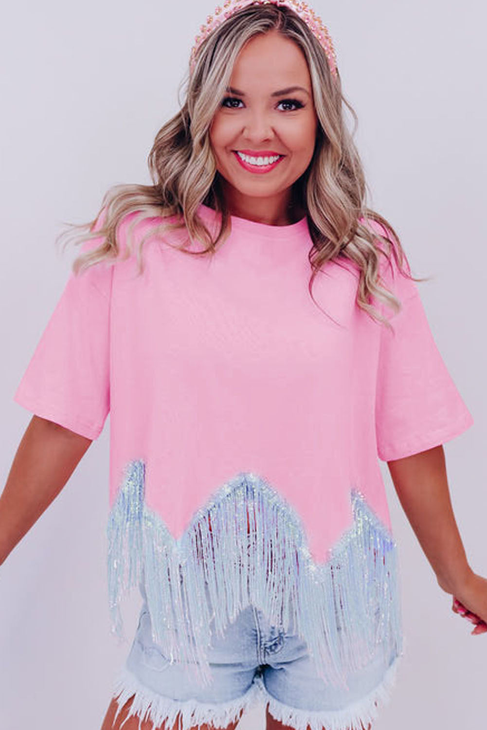 Pink Fringed Sequin Crop T-shirt   