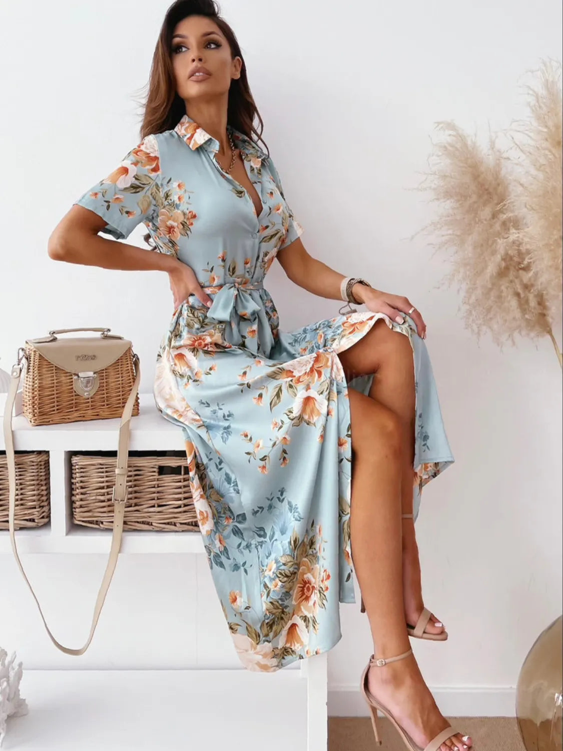 Printed Tie Waist Short Sleeve Midi Shirt Dress