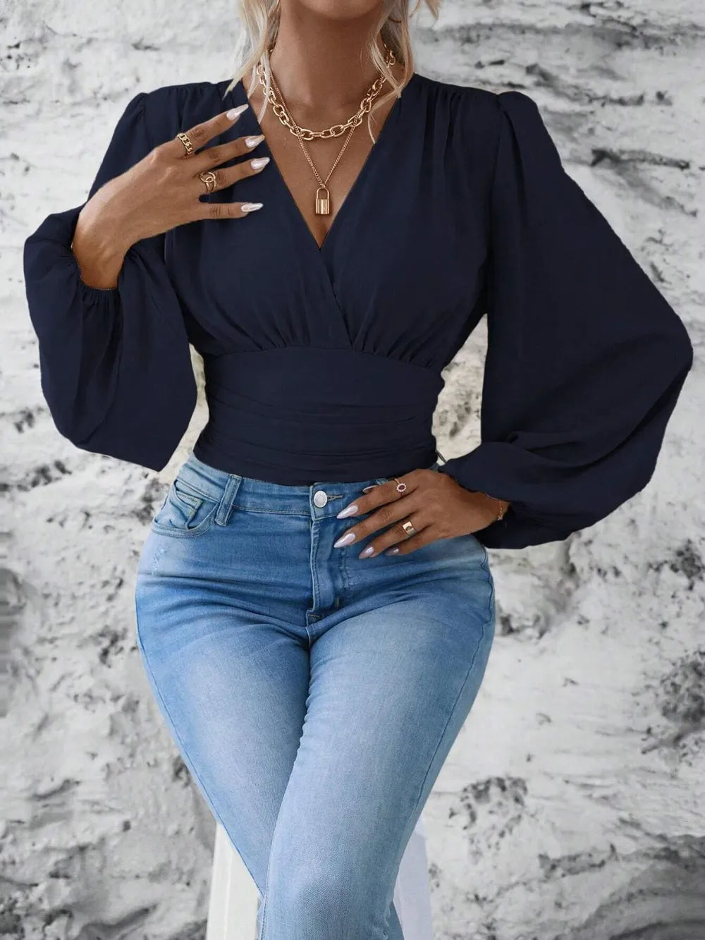 Smocked Surplice Balloon Sleeve Top Dark Blue 2XL