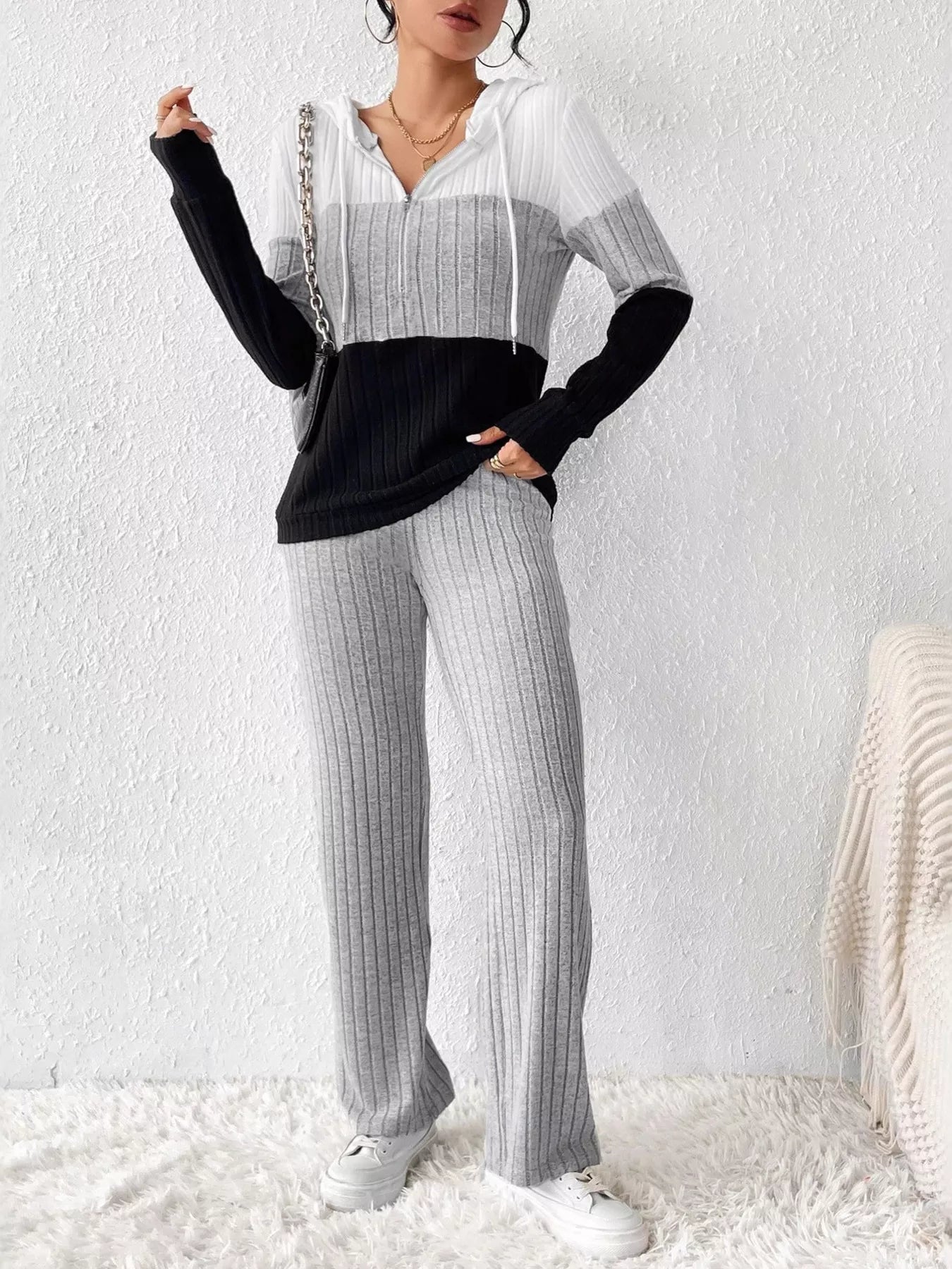 Color Block Half Zip Hooded Top and Pants Set Light Gray S