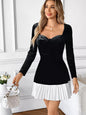 Pleated Hem Sweetheart Neckline Long Sleeve Mini Dress Black S