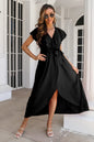 Ruffled Surplice Tie Waist Slit Midi Dress Black XL