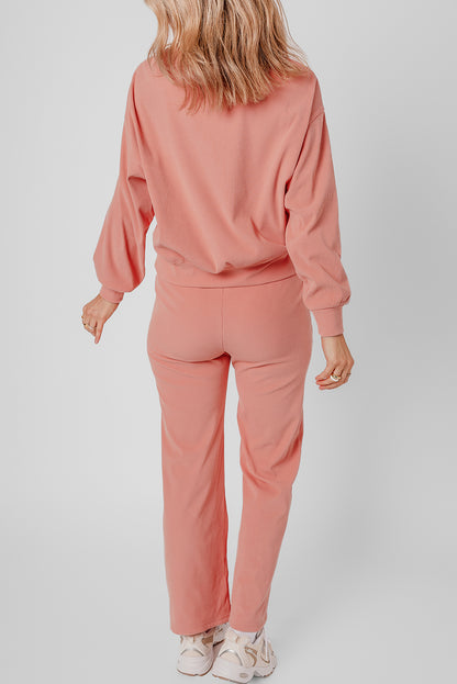 Blossom Ribbed Knit Drop Shoulder Pocketed Two Piece Lounge Set   