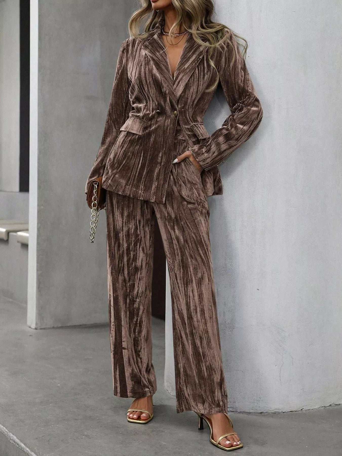 Lapel Collar Long Sleeve Blazer and Pants Set