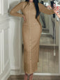 Textured Long Sleeve Midi Dress Khaki S