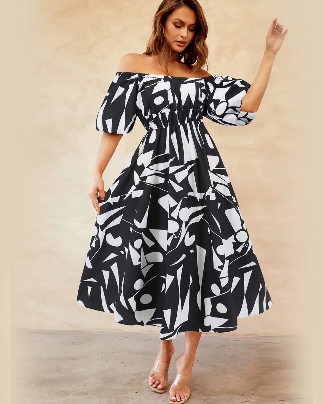 Printed Off-Shoulder Balloon Sleeve Dress   